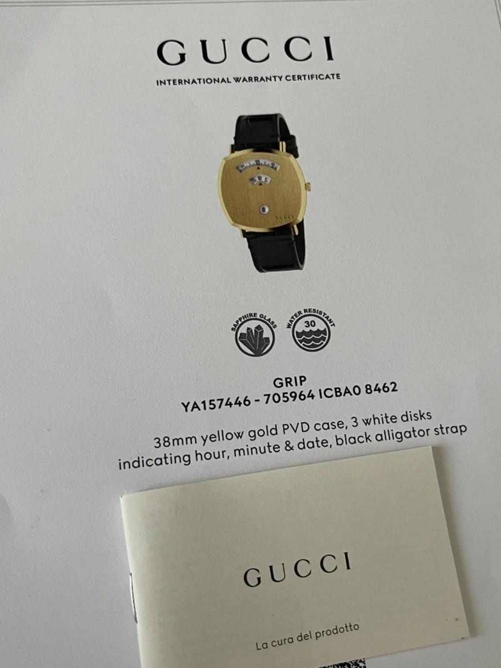 Gucci Grip YA157446 Yellow Gold PVD case 3 Window Stainless Steel Alligator Blac